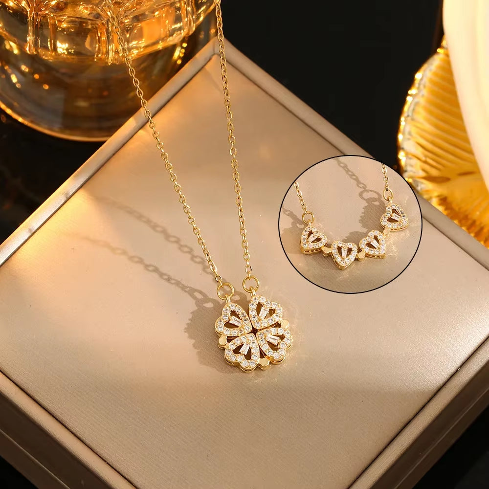 LovaCharmβ’ 4-in-1 Magnetic Heart & Clover Necklace β Love, Luck, and a Touch of Magic